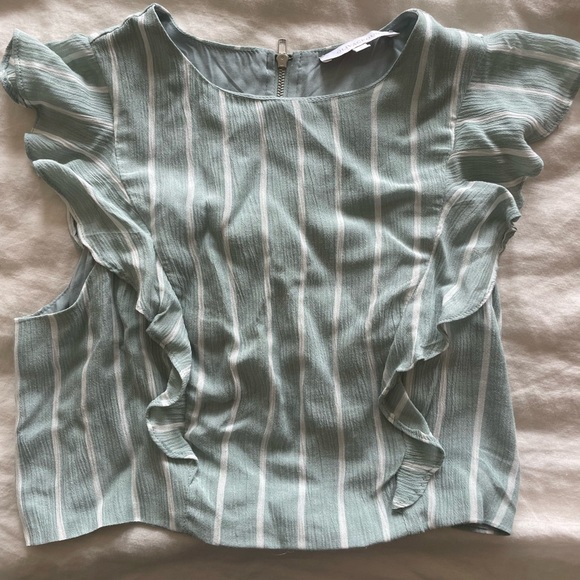 Size small, cropped tank top with ruffle sleeves, zip up in back. Worn once! - Picture 2 of 2